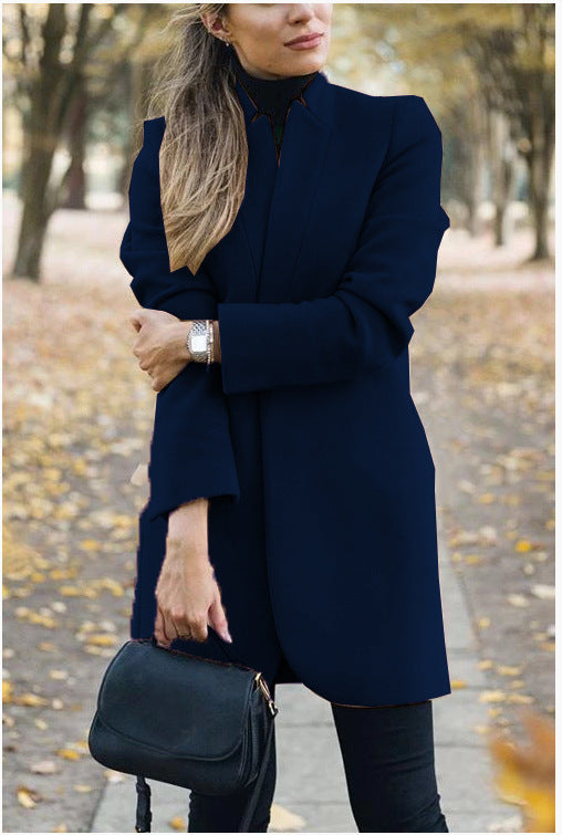 Chic Stand-Up Collar Woolen Jacket - Sleek Fall & Winter Outerwear