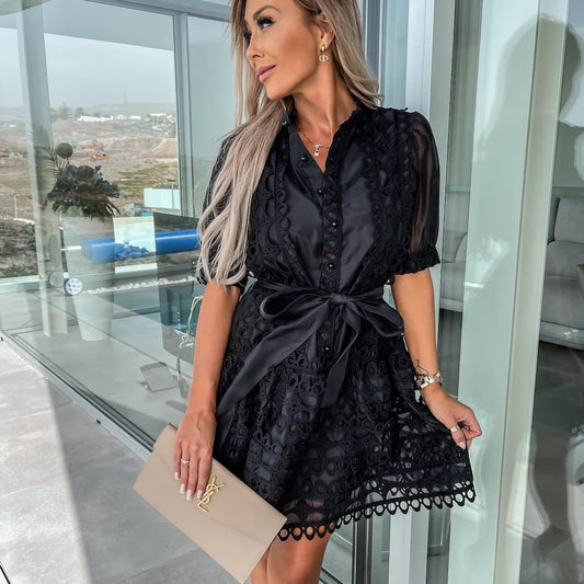Sophisticated Black Lace Belted Mini Dress - Sheer Sleeve Elegance
